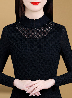 黑色打底衫女秋冬洋气2025新款长袖t恤内搭蕾丝加绒保暖上衣1012h