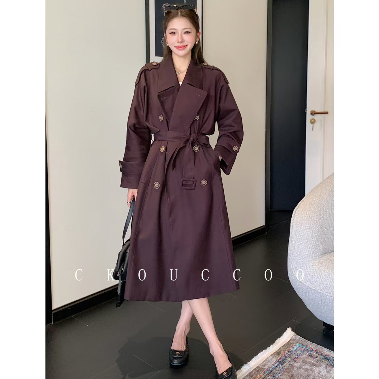秋款大码显瘦双排扣中长风衣女