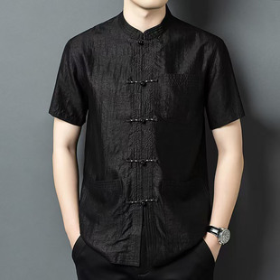 真丝龟裂纹短袖男衬衫衣服男款2026新款夏桑蚕丝香云纱爸爸款唐装