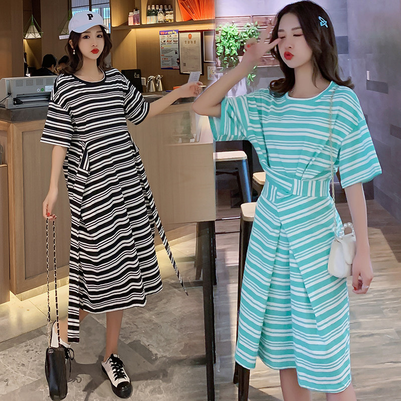 孕妇裙显瘦中长款时尚韩版潮妈修身连衣裙孕妈妈夏装条纹上衣2020