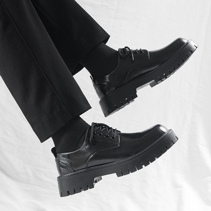 皮鞋男款高级感厚底增高英伦通勤大头德比鞋男黑色新款低帮马丁靴