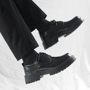 皮鞋男款高级感厚底增高英伦通勤大头德比鞋男黑色新款低帮马丁靴