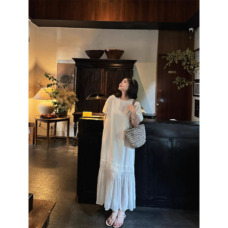 THE MENG【庄园】精纺仿麻感人丝拼接花苞袖极简风松弛连衣裙女夏