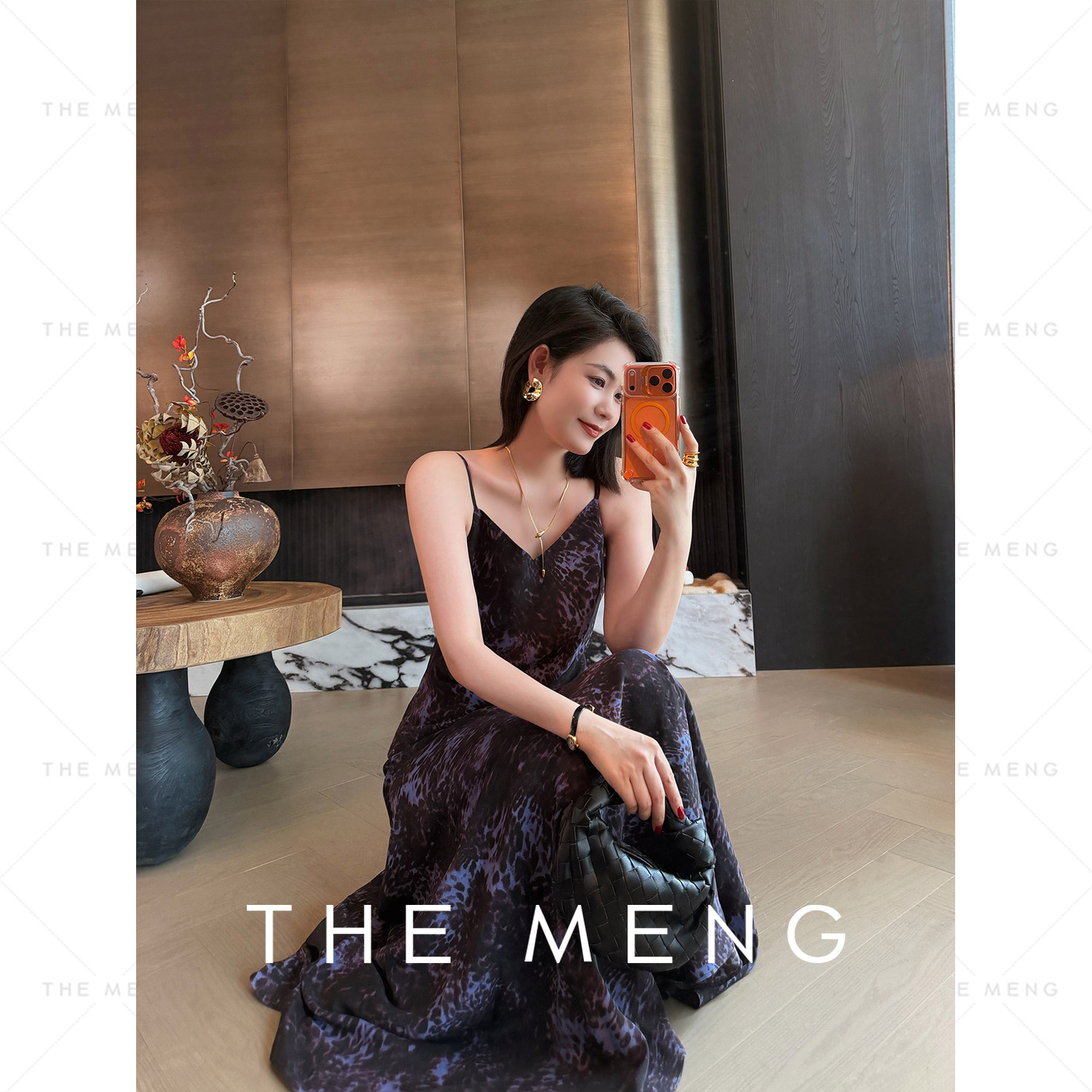 THE MENG“紫豹纹”6A级桑蚕丝法式气质优雅绝美吊带连衣裙女夏季