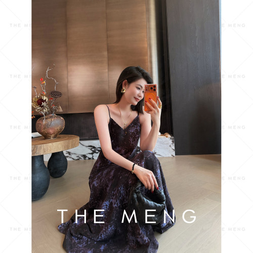 THE MENG“紫豹纹”6A级桑蚕丝法式气质优雅绝美吊带连衣裙女夏季