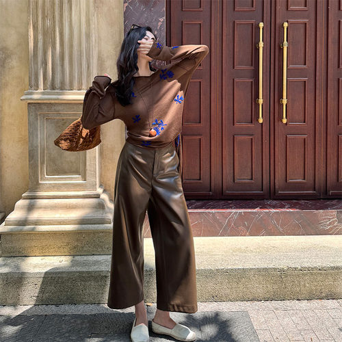 THE MENG【超比例】超纤蛋白皮极简通勤阔腿休闲裤