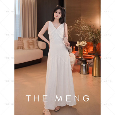 THE MENG【少女】精梳亚麻透气修身显瘦静奢风V领无袖连衣裙女夏