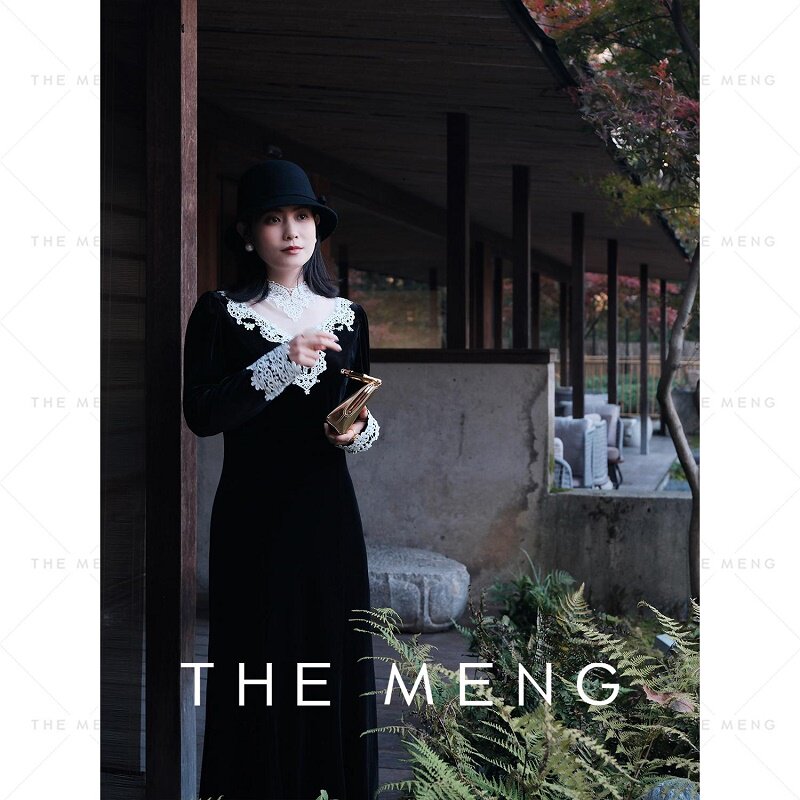 THE MENG【赫本】赫本风丝绒蕾丝优雅通勤修身连衣裙小黑裙长裙