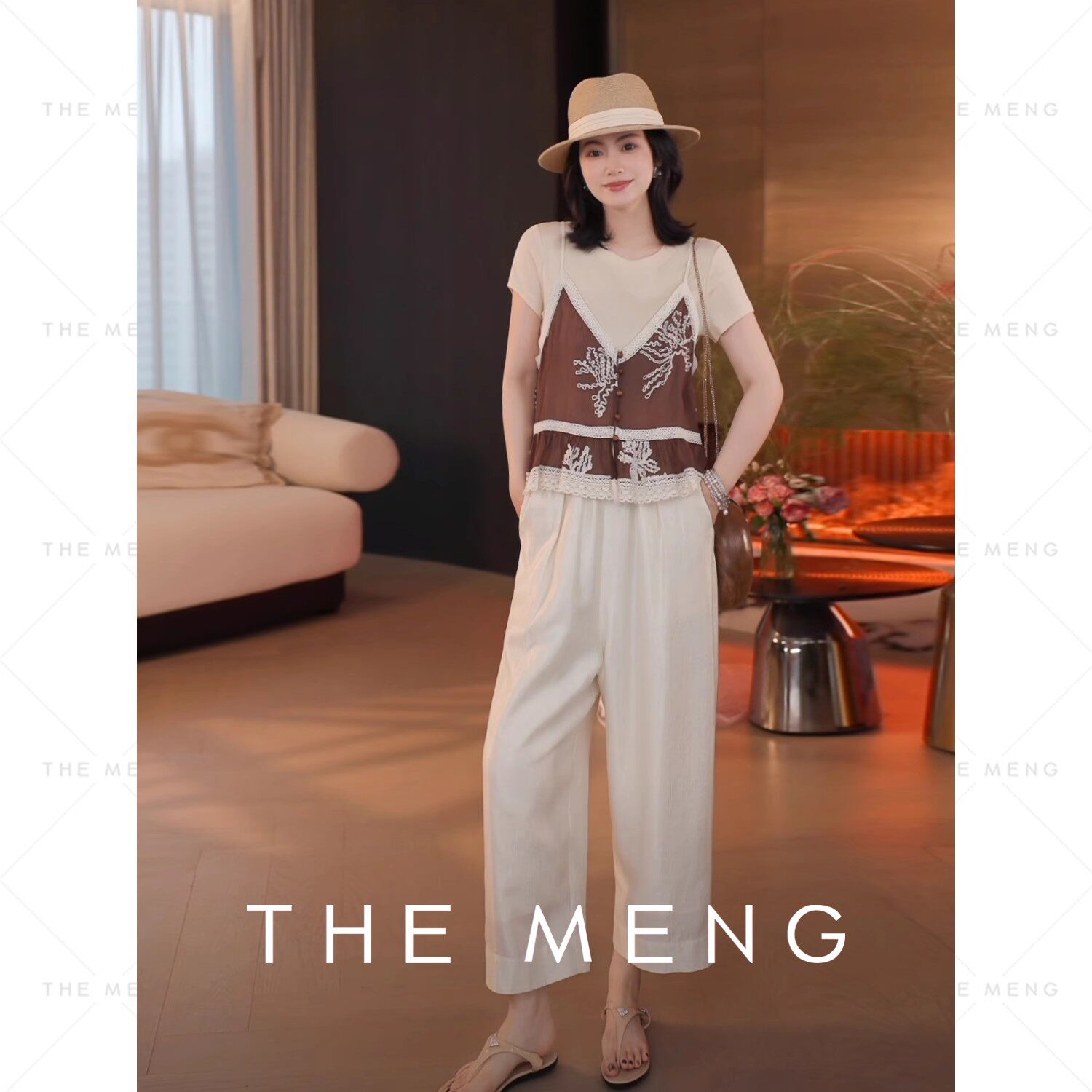 THE MENG【引力】天丝棉手工刺绣两件式设计时尚休闲短袖T恤女夏