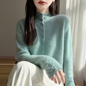 轻奢钩花多纽扣纯色半高领毛衣开衫 女高级感显白宽松针织外搭