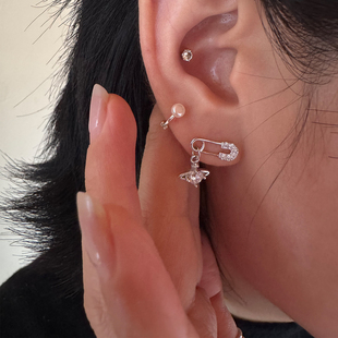 Always通体s925纯银土星吊坠耳钉精致别针闪钻耳环mini珍珠耳骨圈