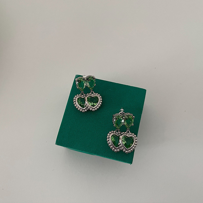 Always双桃心925银针重影耳环绿色精致宝石心形耳钉女耳环耳饰