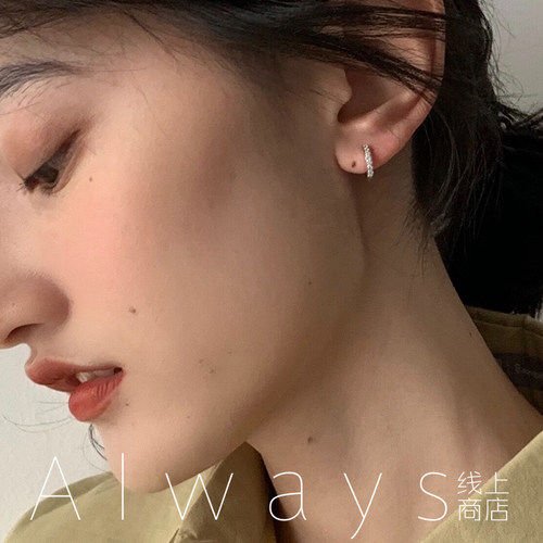 镶钻925纯银圈圈耳环女