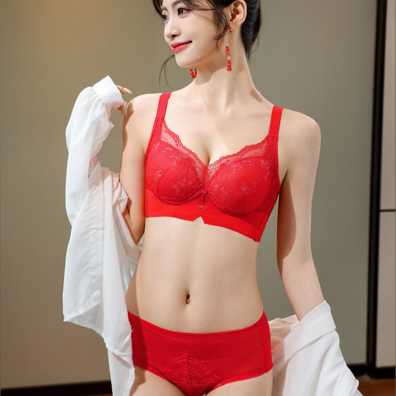 四排扣红色提拉加厚馒头杯5CM无钢圈内衣女小胸显大聚拢文胸套装