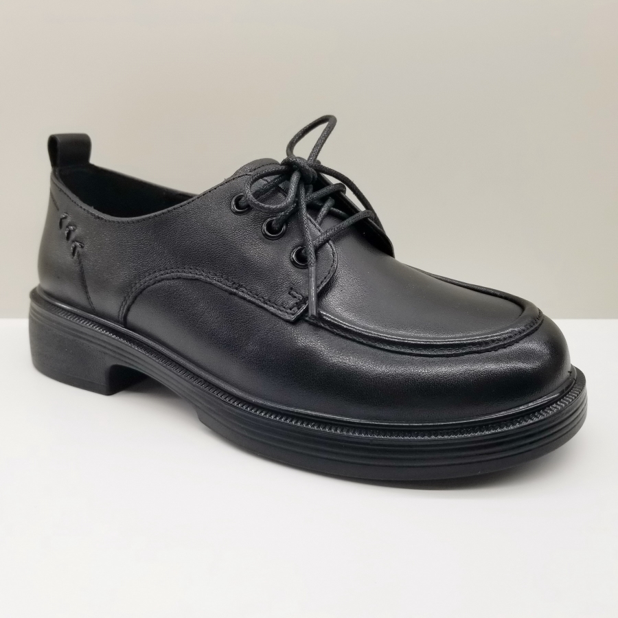 意尔康女鞋2024秋季新款深口休闲系带粗低跟乐福鞋真皮圆头皮鞋女