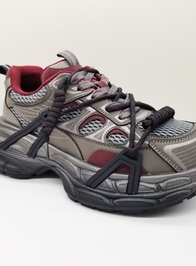 意尔康女鞋2025春季新款潮酷运动厚底休闲灰红色网面双鞋带老爹鞋