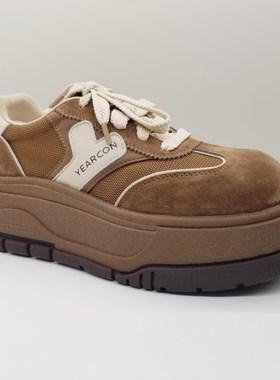 意尔康女鞋2025秋季新款复古磨砂真皮厚底网面黄色运动休闲板鞋女