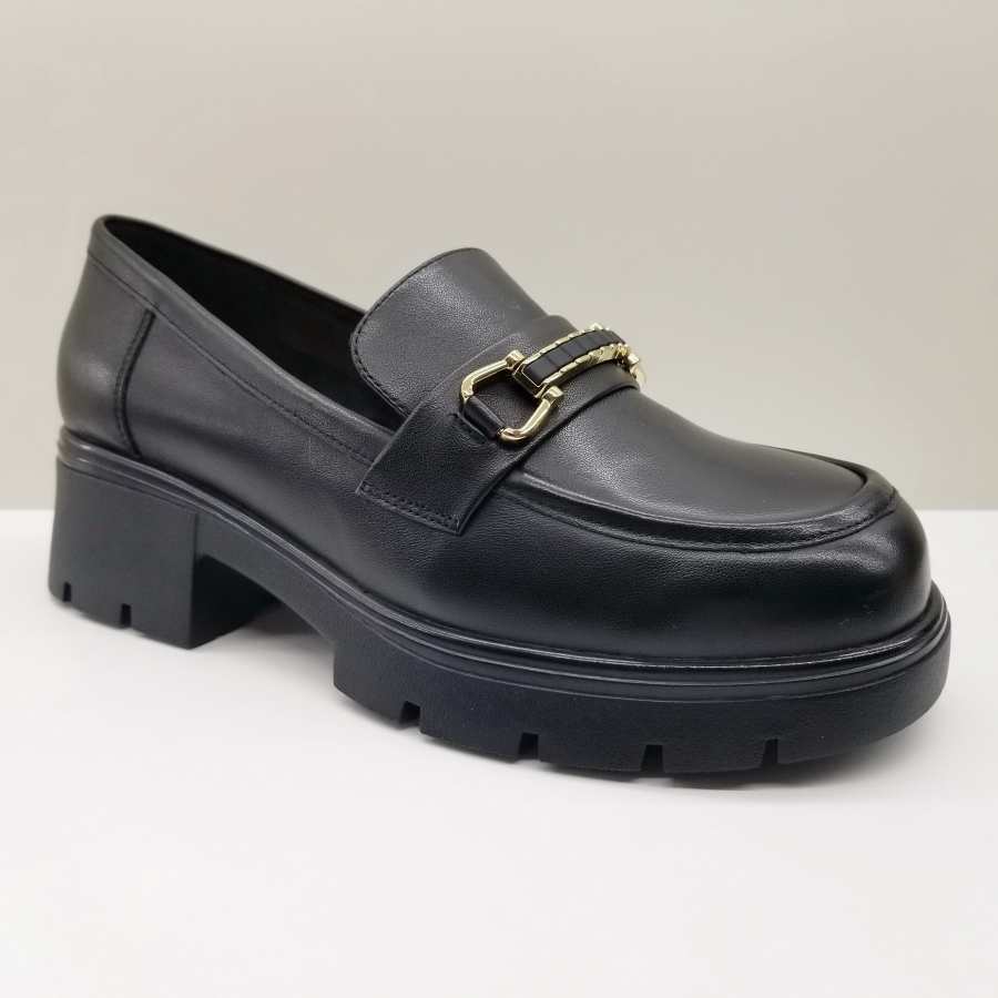 意尔康女鞋2024秋季新款英伦粗跟中跟软牛皮乐福鞋百搭厚底皮鞋女