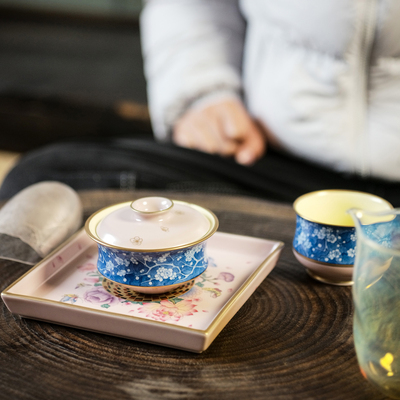 华隐堂夕岚粉手绘青花冰梅茶具