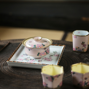 七月长陶瓷盖碗 夕岚粉粉手绘彩绣球花茶杯 复古茶具景德镇华隐堂