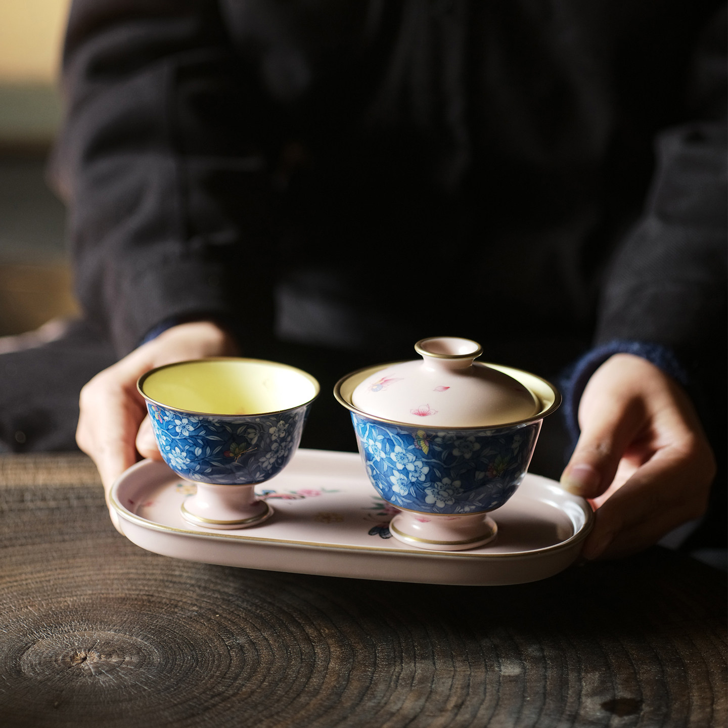 七月长陶瓷盖碗 夕岚粉青花桃花泡茶碗茶杯 复古茶具景德镇华隐堂,餐饮具,盖碗,淘宝优惠券,粉丝福利购,淘宝优惠卷