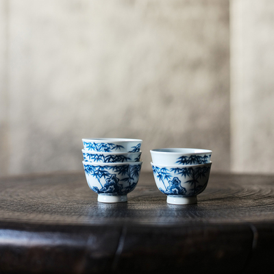 七月长陶瓷五客杯 手工手绘青花竹石五客杯 复古茶具景德镇弥云斋