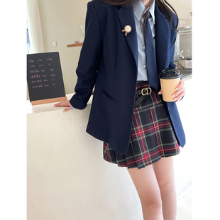 GUOGEV英伦学院风套装藏青色炸街宽松正肩西装外套女秋季新2022