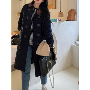 GUOGEV牛角扣拼接设计菱形格加绒加棉棉服女冬季长款复古学院外套