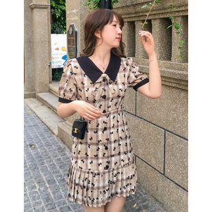 GUOGEV花岛丽学院风碎花百褶裙减龄短款连衣裙女