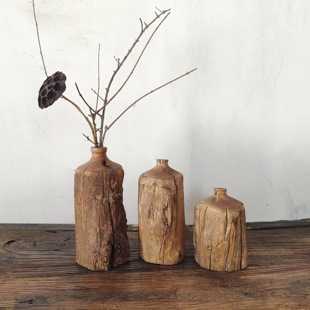 侘寂风实木插花花瓶复古花器禅意日式 摆件民宿客厅茶室餐桌小花器