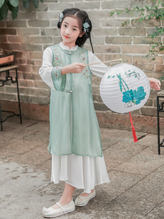 童翎阁汉服女童复古立领改良比甲对襟纱明制中国风古风刺绣两件套