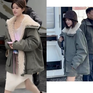 许你耀眼赵露思同款 军绿色高领秋冬加绒保暖外套国潮宽松派克服潮