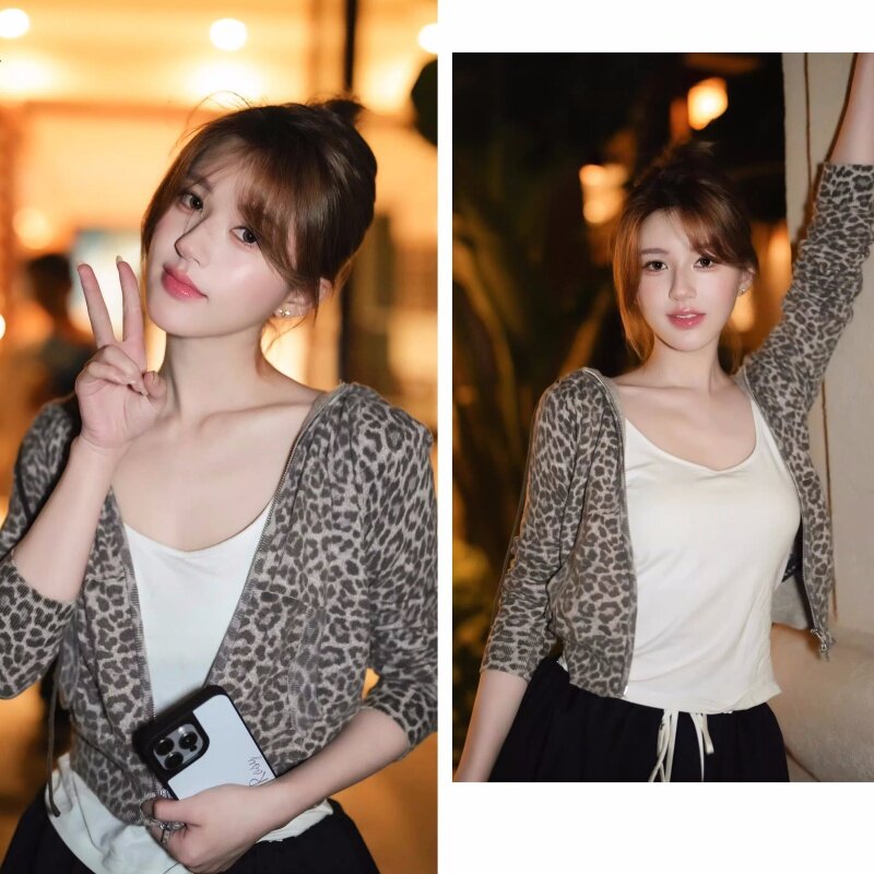 赵露思明星同款豹纹印花复古长袖针织开衫2026短款显瘦连帽卫衣潮
