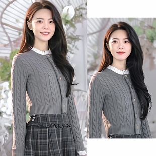 骄阳似我赵今麦同款灰色复古麻花甜美木耳边拼接圆领显瘦针织开衫