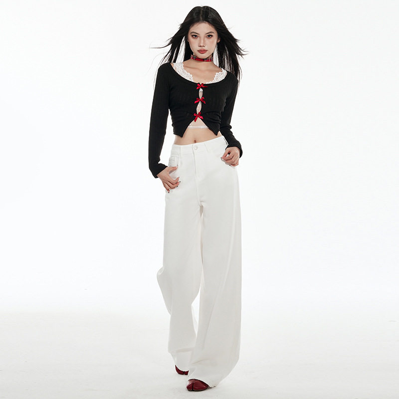 白色宽松阔腿裤女春季新款时尚袋盖高腰直筒裤宽松显瘦拖地牛仔裤