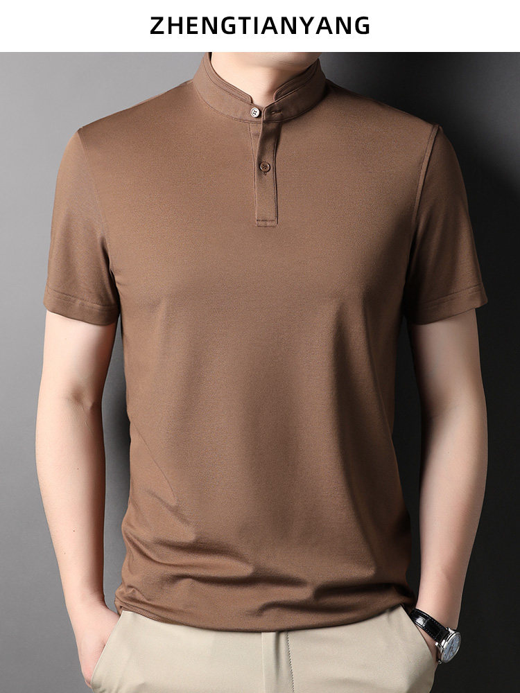 SUMMER MULBERRY SILK STAND-UP COLLAR POLO SHIRT MENS ICE SILK COTTON SHORT-SLEEVED T-SHIRT CHINESE CASUAL SOLID COLOR HALF-SLEEVED THIN T-SHIRT