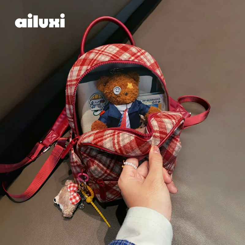 【新年礼物】爱路喜双肩包包女复古高级感毛呢红色格子大容量背包,箱包皮具/热销女包/男包,双肩背包,淘宝优惠券,粉丝福利购,淘宝优惠卷