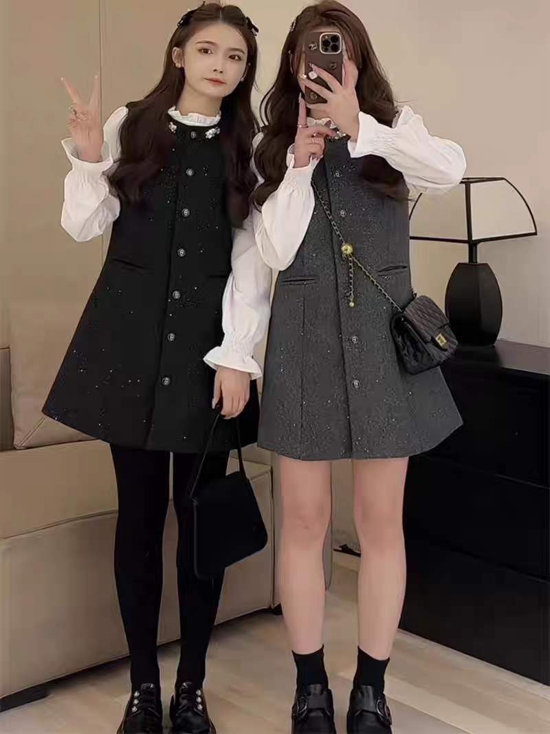 2026春新款韩系小香风毛尼背心裙衬衫女显瘦减龄千金感穿搭套装,女装/女士精品,时尚套装,淘宝优惠券,粉丝福利购,淘宝优惠卷