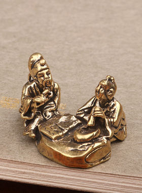 纯实心黄铜茶道琴棋书画铜雕老人对弈小摆件人物铜手把件仿古铜器