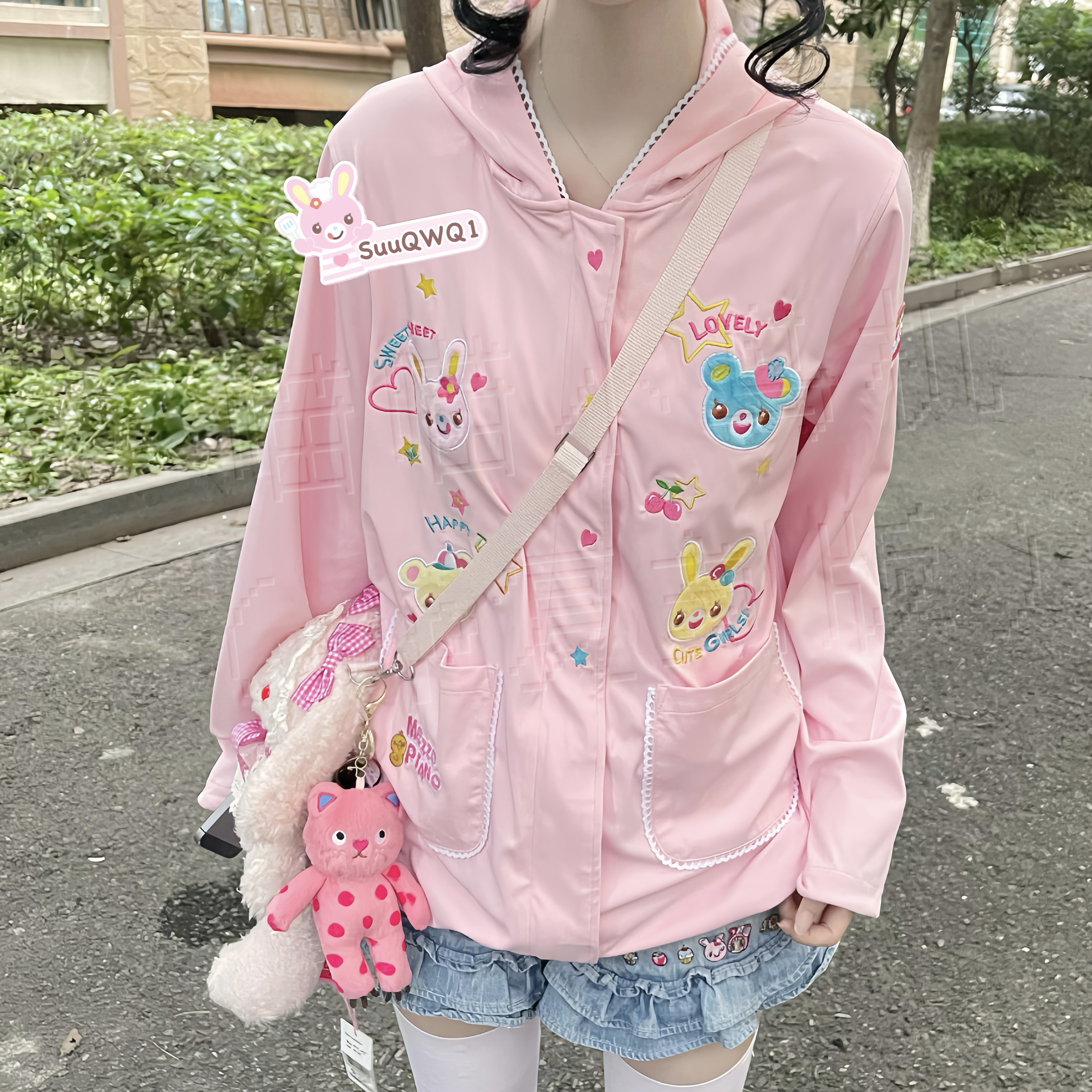 【现货】mp大头公仔贴布冰丝防晒衣粉色刺绣软妹外套喵喵小鸟机