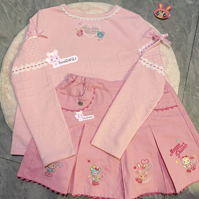 【售空展示】mp腰带公仔短裙粉重工百褶刺绣女儿服萌款喵喵小鸟机