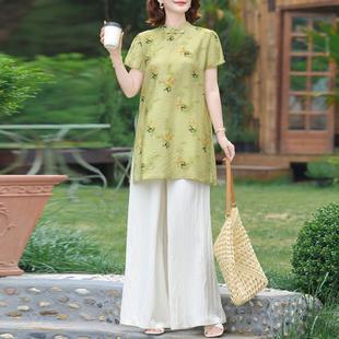 薄款 气质小衫 中老年女夏季 T恤上衣两件套 短袖 妈妈夏装 新中式 套装