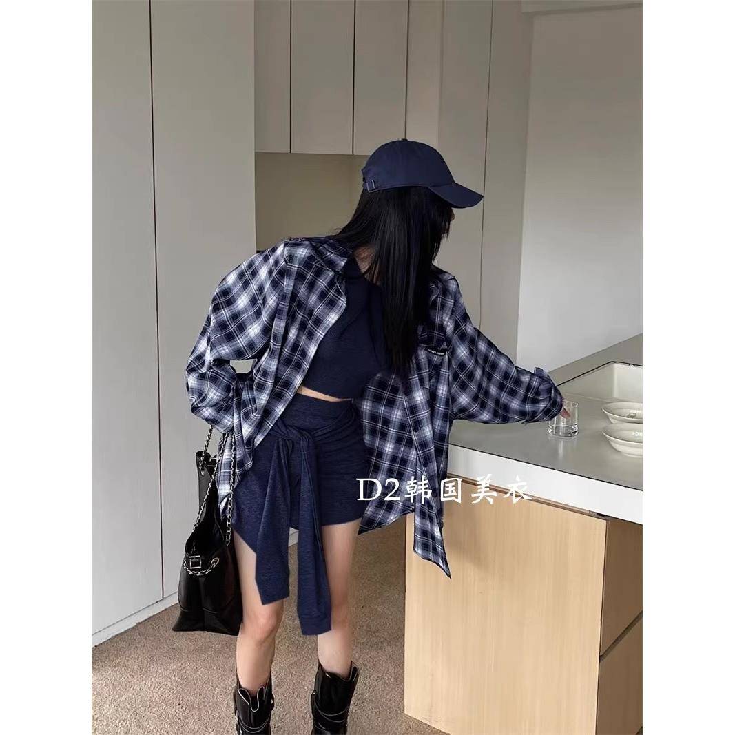 韩国东大门新款甜辣风套装修身背心+绑腰短裙+翻领格子衬衫三件套