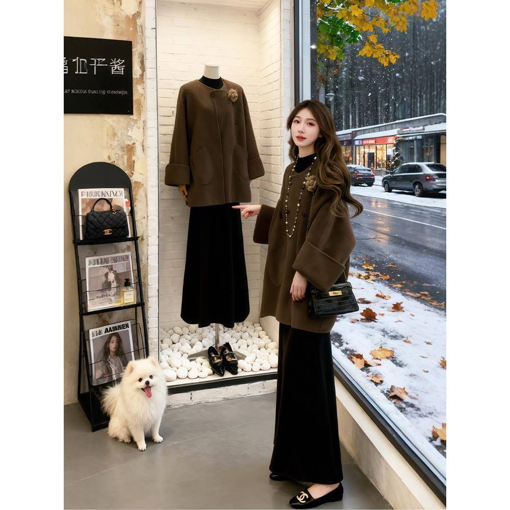 巨好看的冬装一整套大码胖mm韩系高级感毛呢大衣外套半身裙套装女