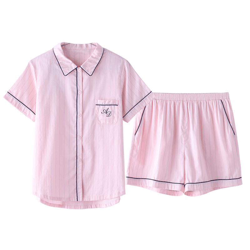 秋鹿夏季纯棉情侣睡衣简约条纹男女款衬衫领短袖开衫家居服套装
