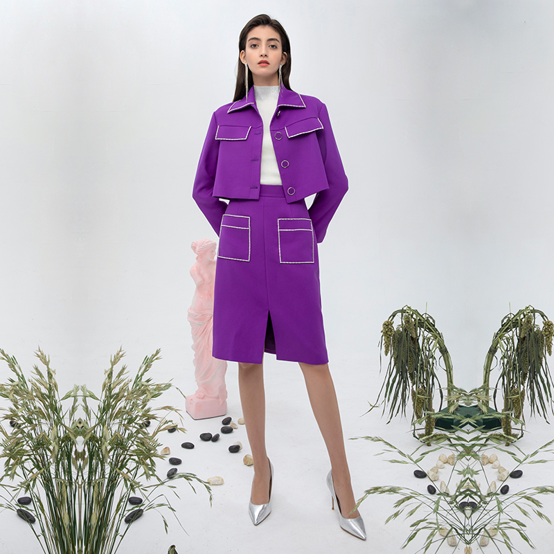Tonytonys秋冬新款紫色钉珠西装套装女短外套高定单排扣修身优雅