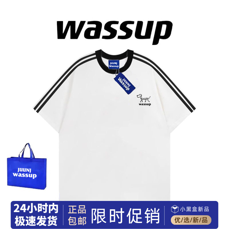 WASSUP夏季潮牌圆领纯棉三条杠插肩短袖t恤男女美式休闲运动上衣