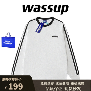 WASSUP美式休闲三条杠运动长袖男女圆领纯棉打底衫情侣宽松上衣秋