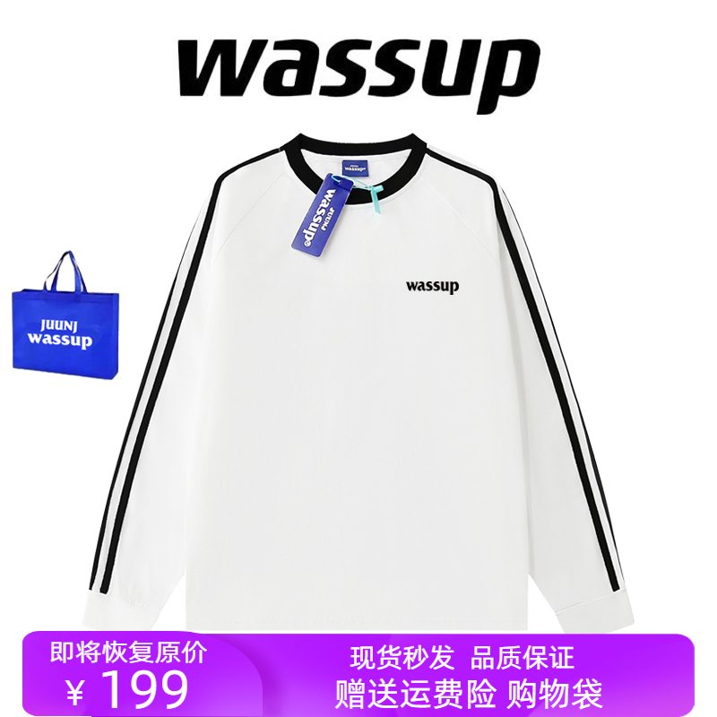 WASSUP国潮牌纯棉长袖男女美式高街三条杠休闲运动情侣宽松上衣秋