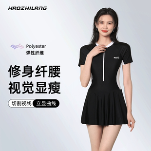 黑色显瘦短袖 平角泳装 游泳衣 海边度假保守遮肚裙式 连体泳衣女新款
